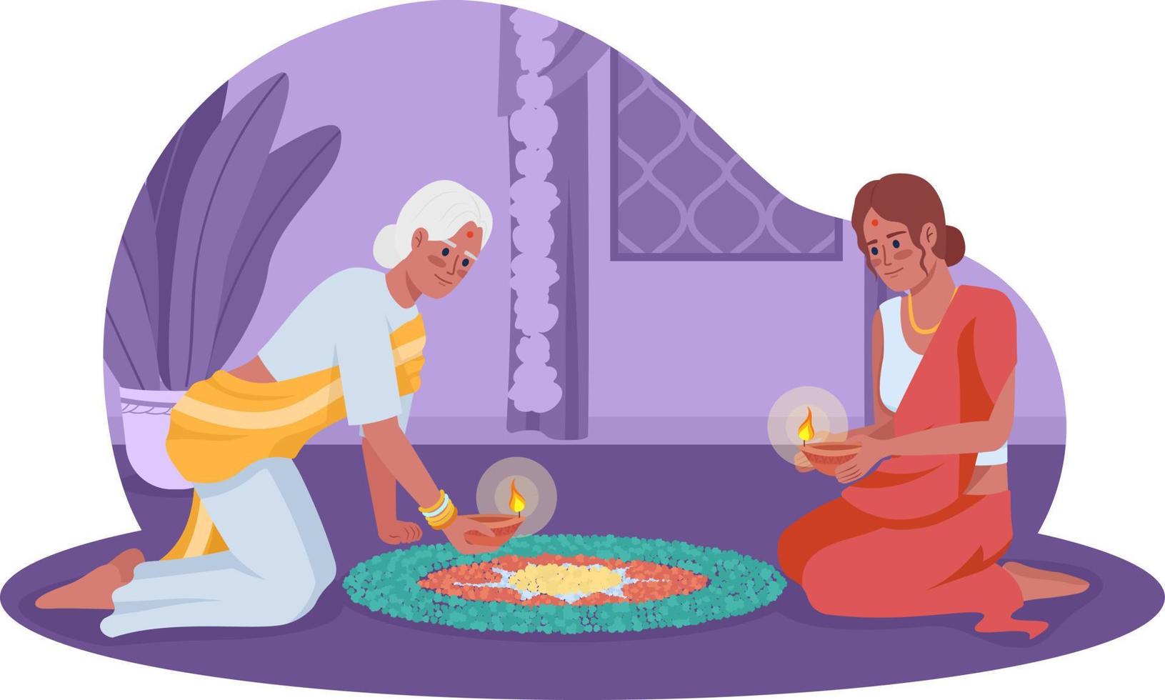 mujeres con lámparas de aceite celebración diwali 2d vector ilustración aislada. personajes planos de vacaciones indias sobre fondo de dibujos animados. escena editable colorida del festival para móvil, sitio web, presentación