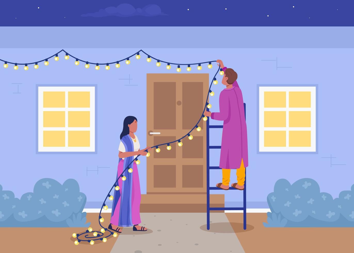 pareja decorando casa para diwali ilustración de vector de color plano. preparación para la celebración de vacaciones. tradición antigua. personajes de dibujos animados simples 2d totalmente editables con exterior en el fondo