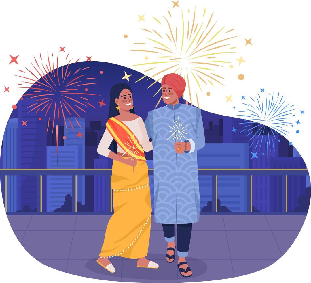 Happy couple with sparkling lights on Diwali 2D vector isolated illustration. Indian wedding flat characters on cartoon background. Fest colourful editable scene for mobile, website, presentation