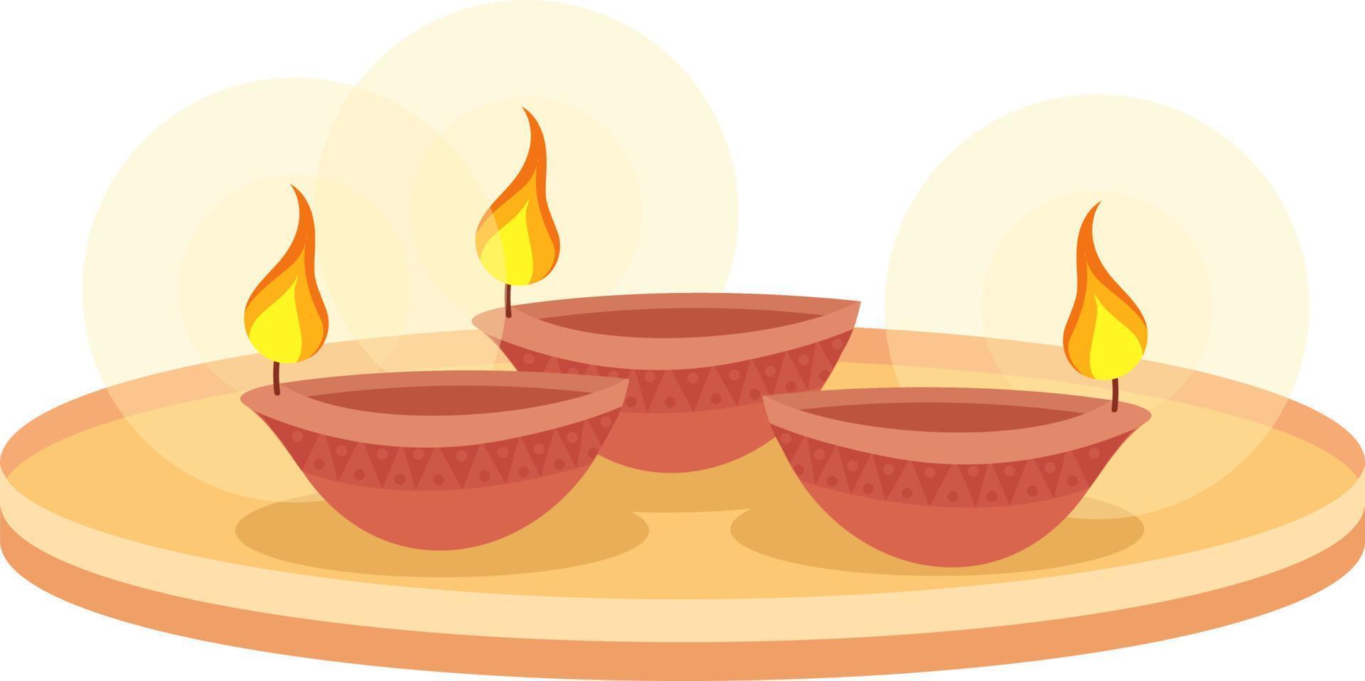 Burning oil lamps on tray semi flat color vector objects. Editable elements. Full sized items on white. Diwali symbol simple cartoon style illustration for web graphic design and animation