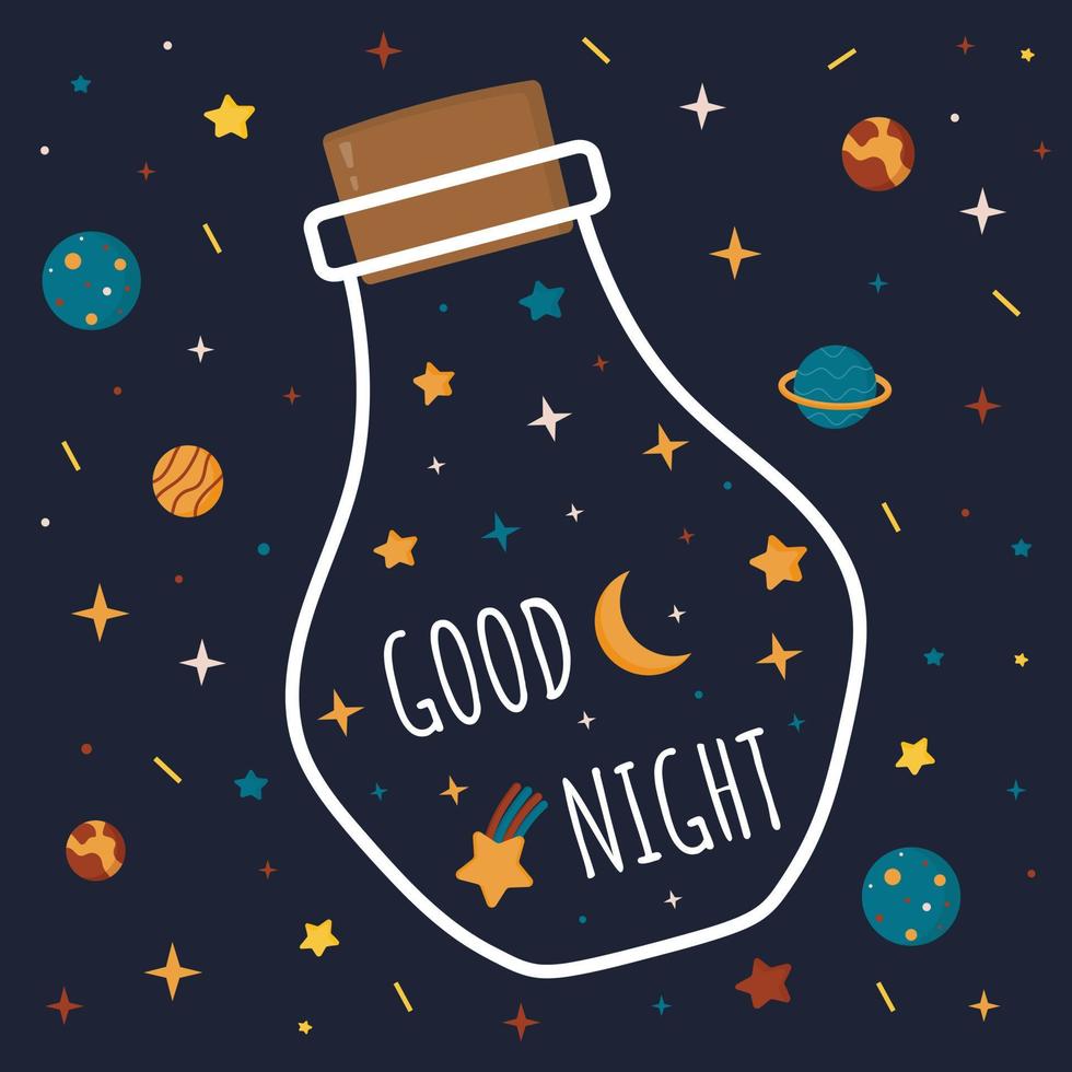 tarjeta de buenas noches con luna nocturna, estrellas, planeta, elementos espaciales y caligrafía. diseño para postales, ropa, carteles, tela. eslogan de dulces sueños. vector