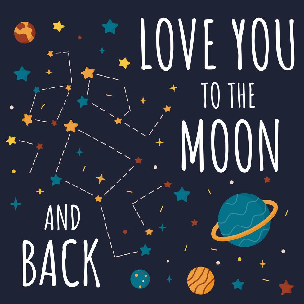 I love you to the moon and back. Modern calligraphy with hand drawn stars, moon, space elements, planets. Suitable for wishes, Valentines Day card, posters, postcards, banner. Romantic card. vector