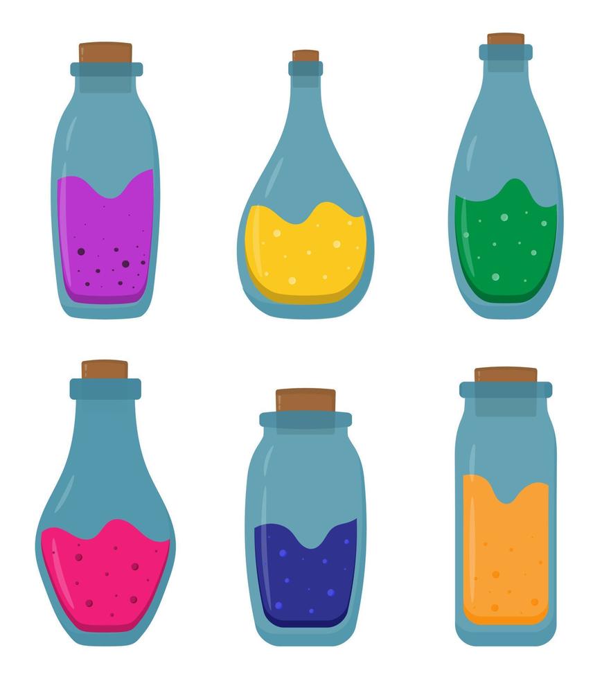 colección de diferentes botellas de poción de dibujos animados. conjunto vectorial de frascos de vidrio con pociones mágicas. elixires coloridos en botellas con formas elegantes. frascos y frascos de mago. vector