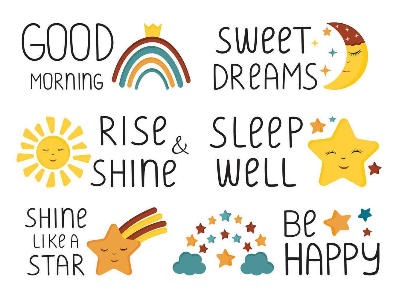 cita motivacional. dulce linda tipografía de inspiración. lema de buenos días y buenas noches. tipografía dibujada a mano con luna, estrellas, nubes, arco iris. estampado para camisetas, tejidos de moda, gráficos textiles. vector