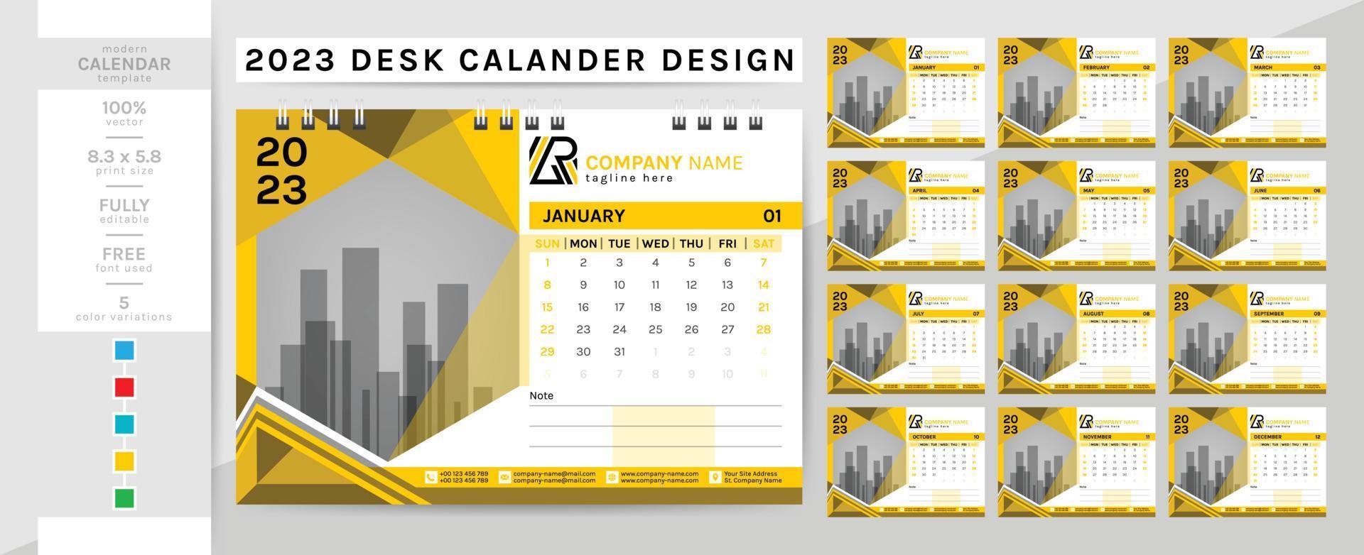 Calendario de escritorio elegante y creativo y plantilla de diario planificador para el año 2023. vector