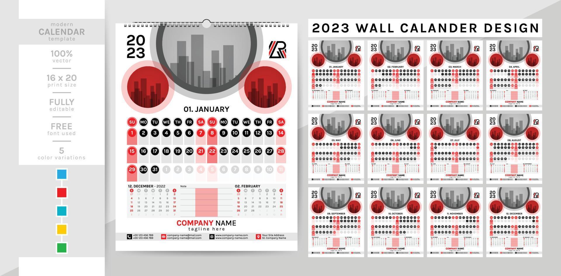 Creative elegant wall calendar and planner diary template for the 2023 year. vector