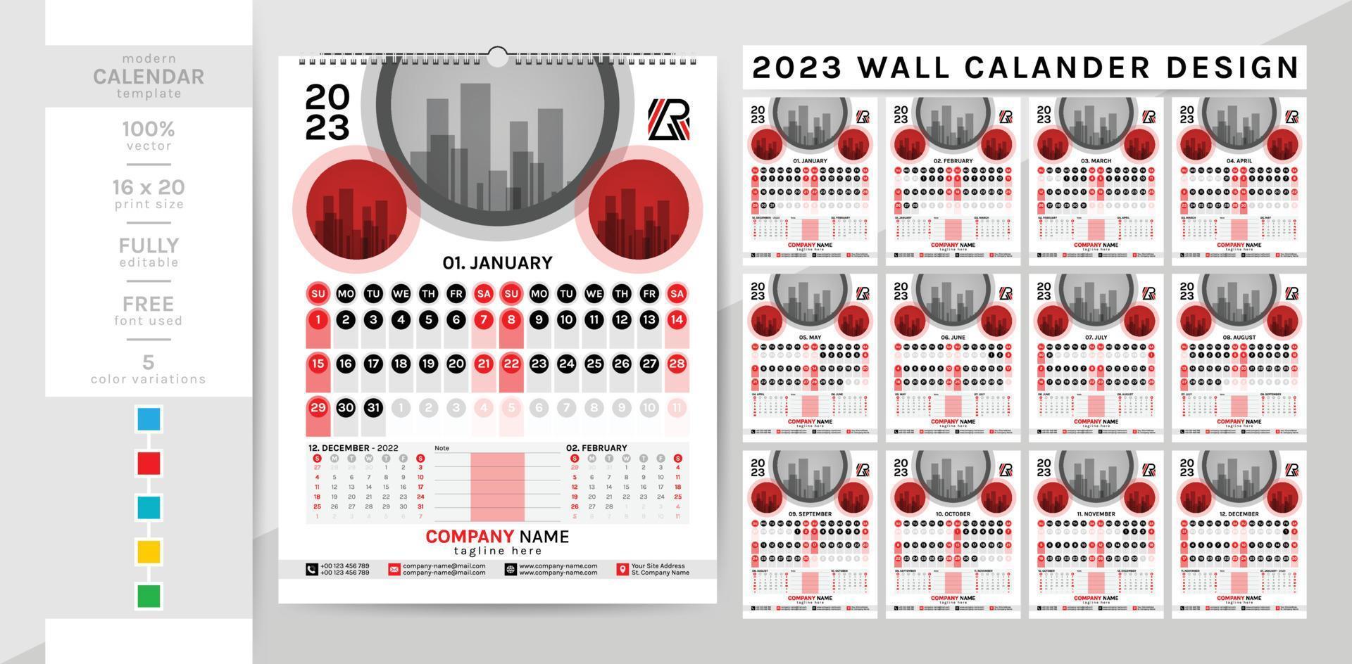 calendario de pared elegante y creativo y plantilla de diario planificador para el año 2023. vector