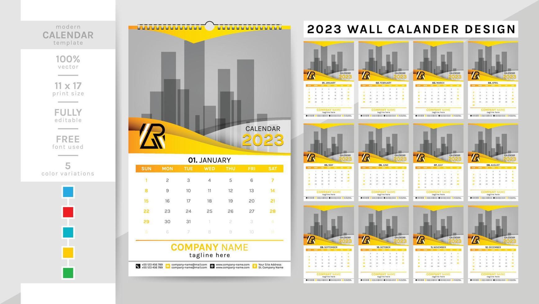 plantilla de calendario de pared elegante y creativa para el año 2023. la semana comienza el domingo. vector