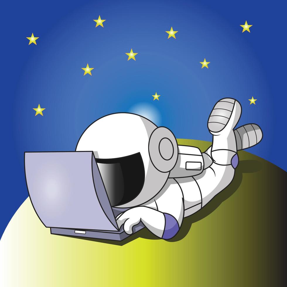 astronaut playing laptop on the moon vector