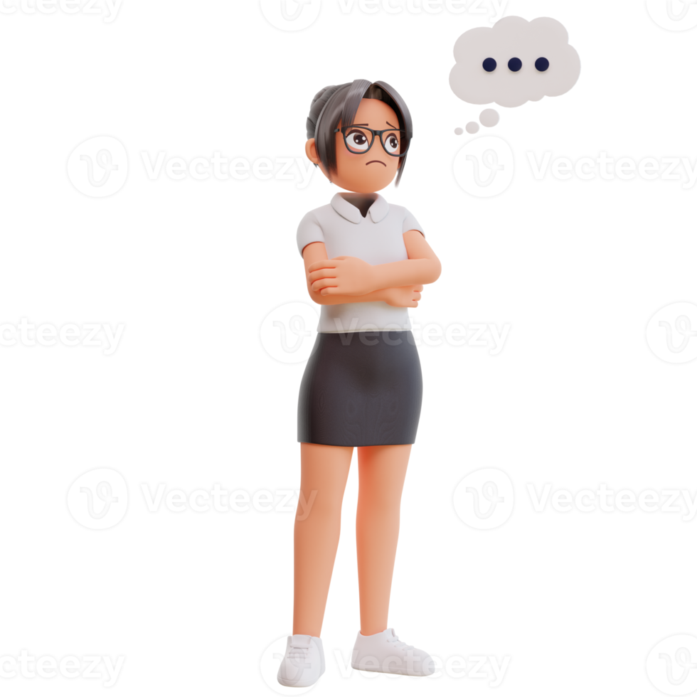 Young businesswoman thinking about something 3d cartoon illustration png