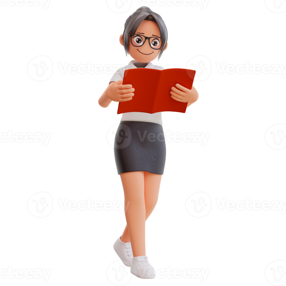 Young businesswoman reading book 3d cartoon illustration png