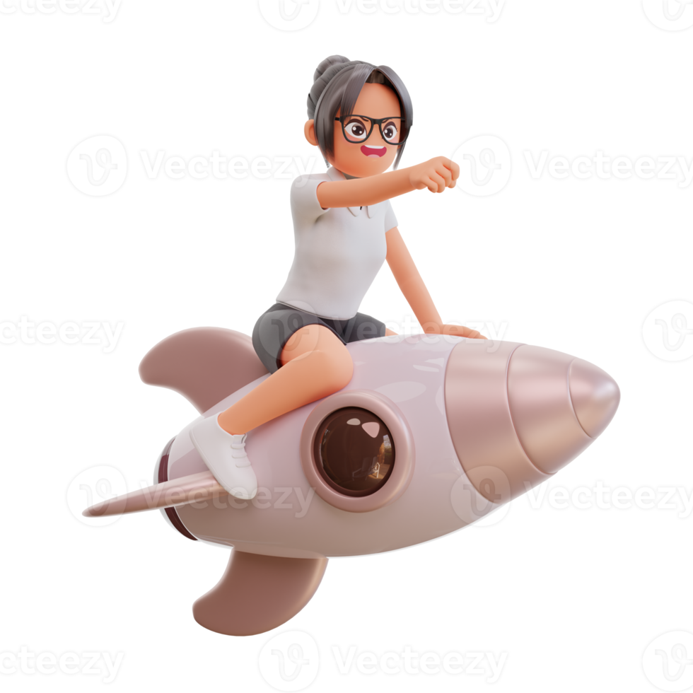 Young businesswoman with rocket 3d cartoon illustration png