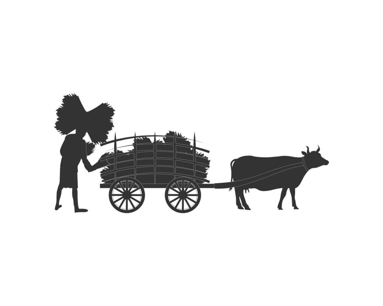 Oxen a Huge Load On a Cart, farmer working, village traditional life vector