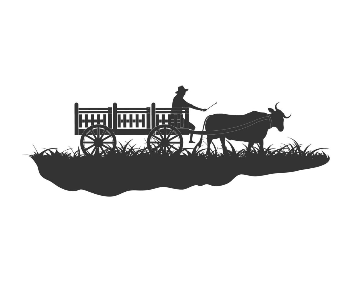 Farmer on cart cow carriage, traditional agricultural transportation design concept. Vector illustration isolated object on white background