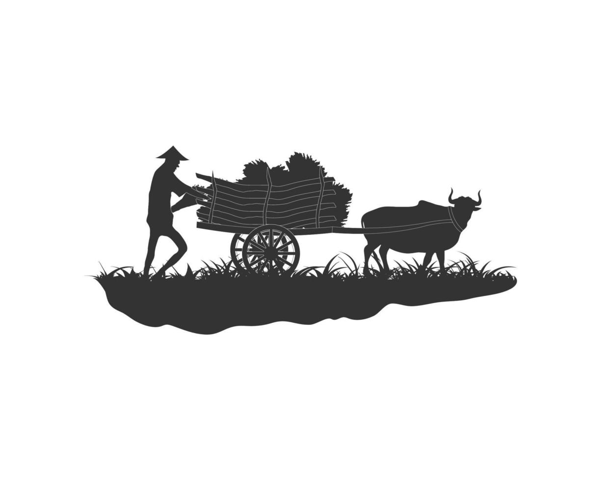 Farmer working loaded cart with hay. Bullock Cart silhouette. Bull and cart vector