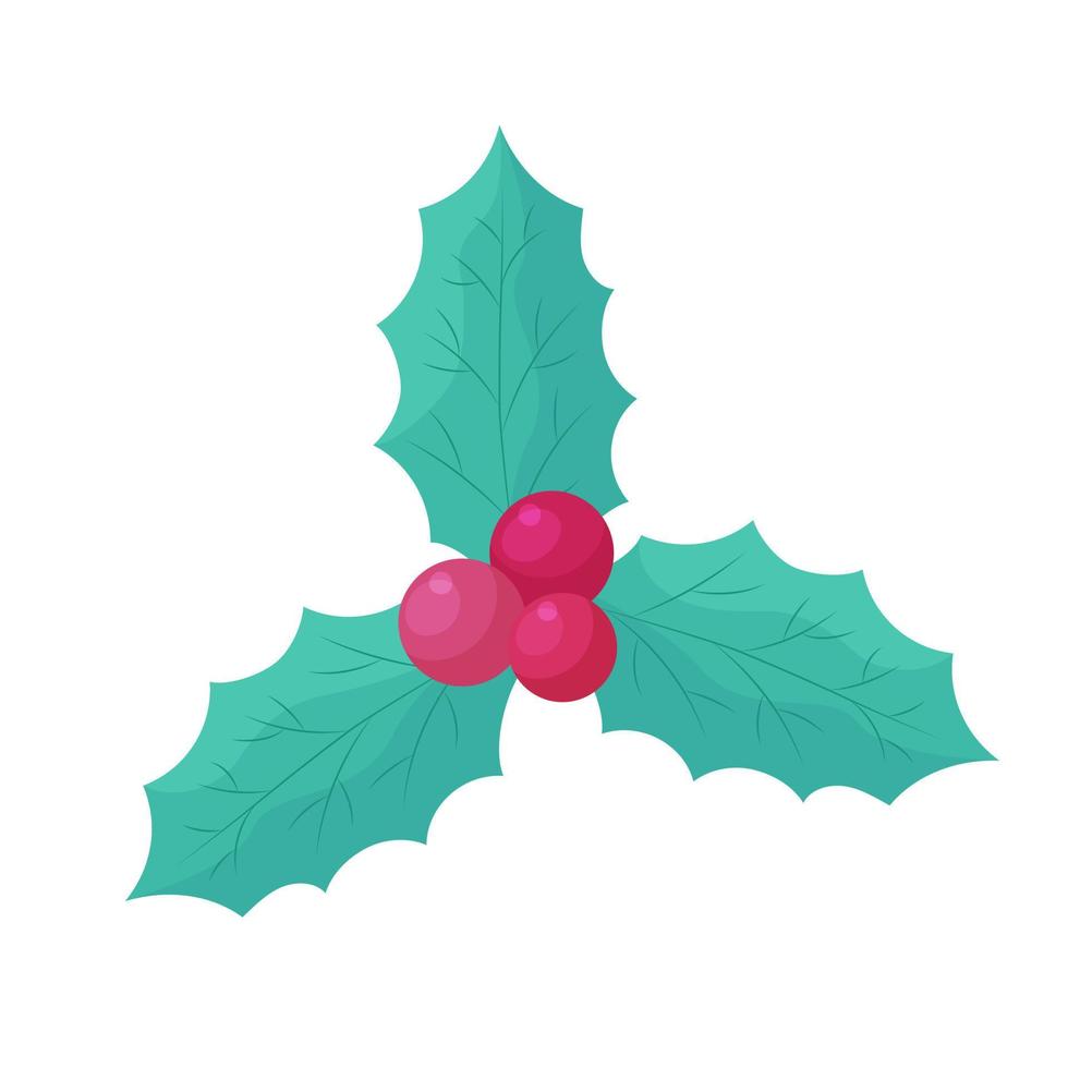 elemento de diseño de hoja de acebo navideño aislado. ilustración vectorial plana de tres hojas de ilex y bayas sobre fondo blanco. símbolo de vacaciones de navidad vector