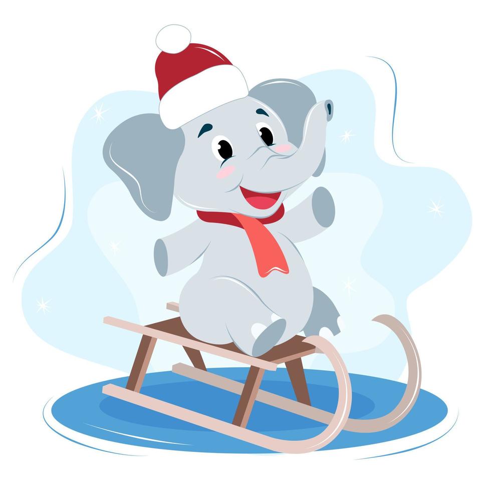 baby elephant in a New Year's hat and scarf sledding, winter entertainment vector