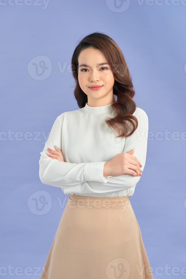 Portrait of her she nice attractive pretty girl folded arms isolated over bright purple background photo