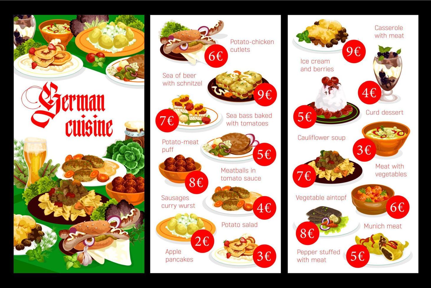 German cuisine food dishes menu, restaurant meals vector