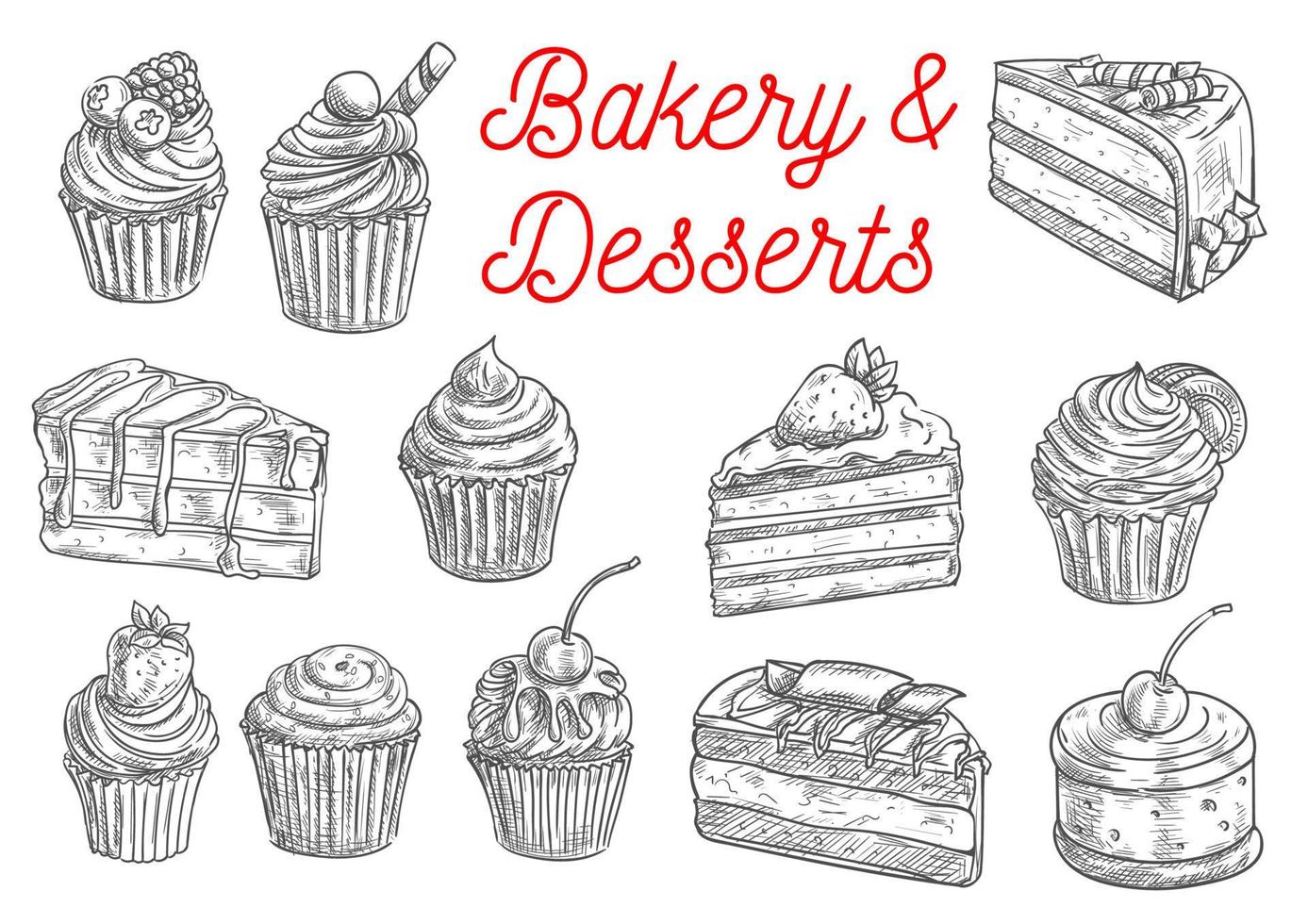 Cake, cupcake, fruit dessert and berry pie sketch vector