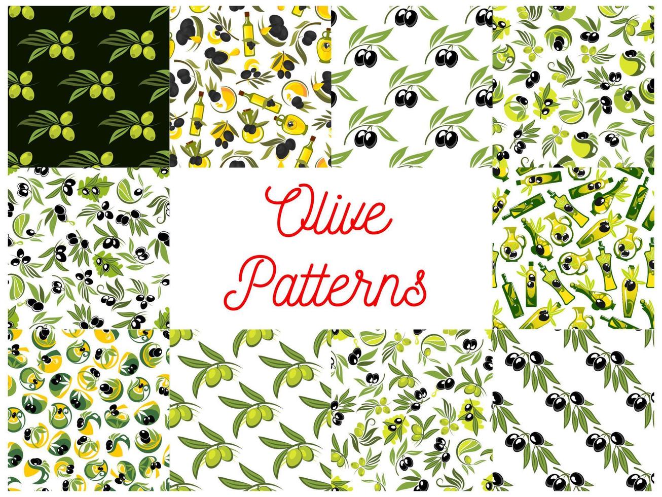 Olive fruits with oil seamless patterns set vector