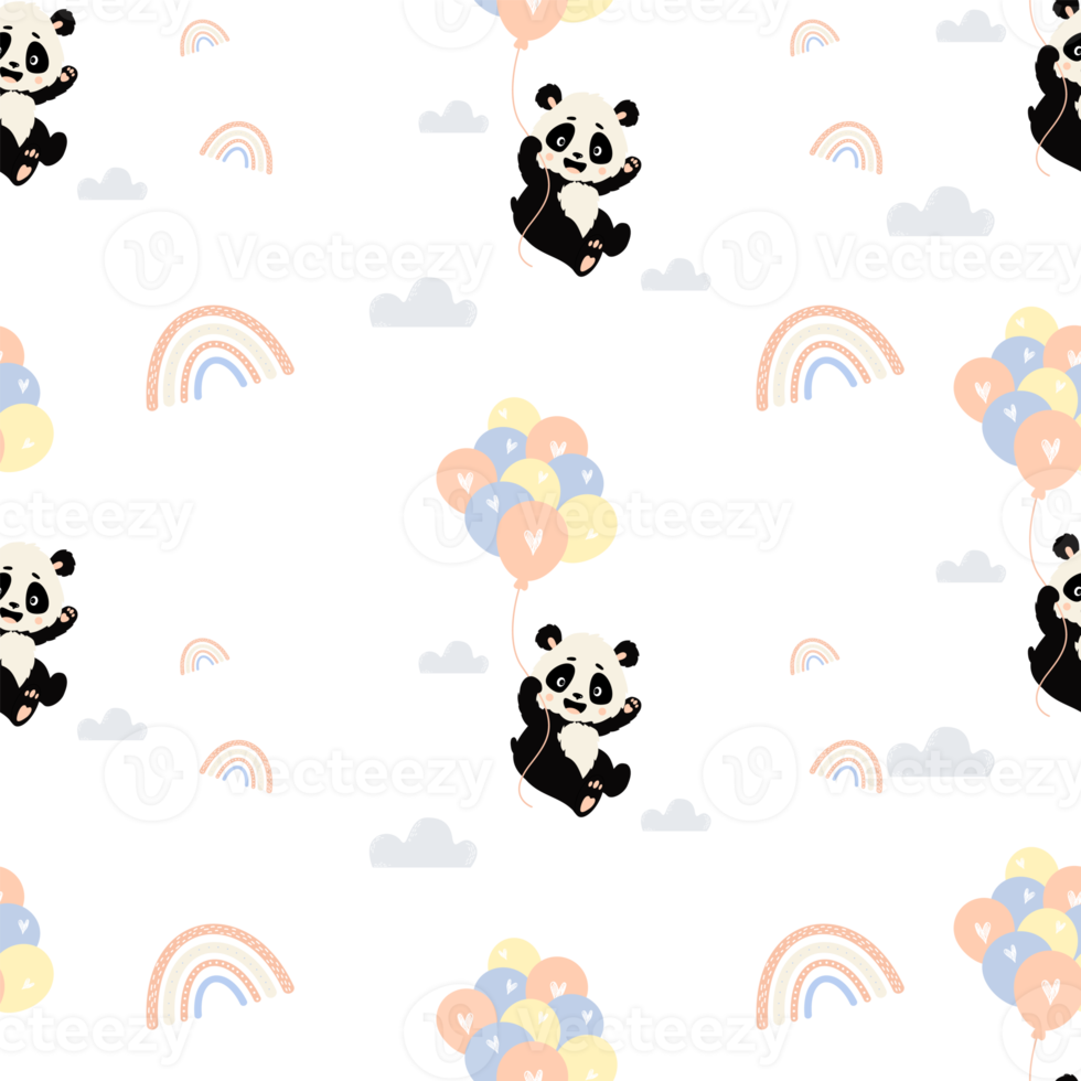 Seamless pattern with panda with balloons and rainbow png