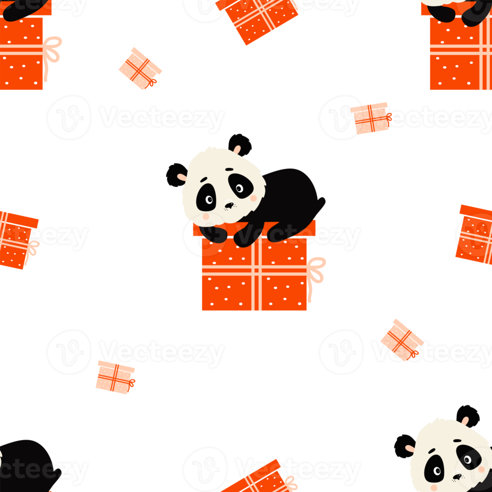 Seamless pattern with cute panda on gift png