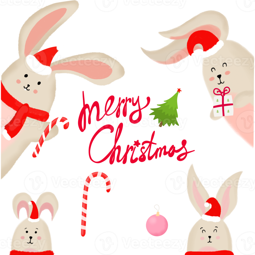 Cute Christmas card with Rabbits, PNG set for Christmas