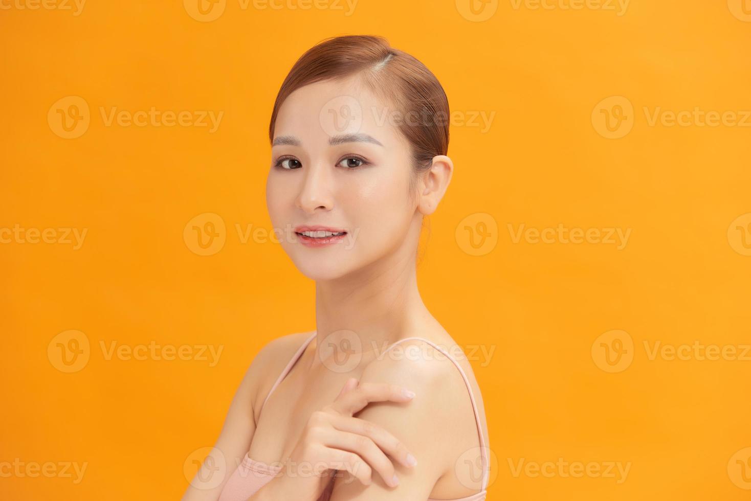 happy pretty woman enjoy healthy soft moisturized hydrated skin, facial skincare rejuvenation moisture spa everyday treatment concept photo