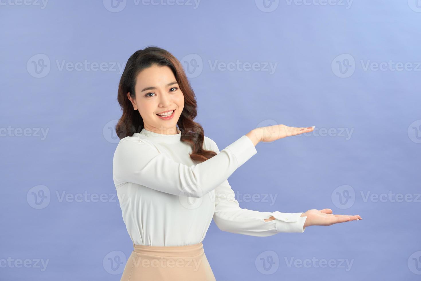 woman holds hands free place photo
