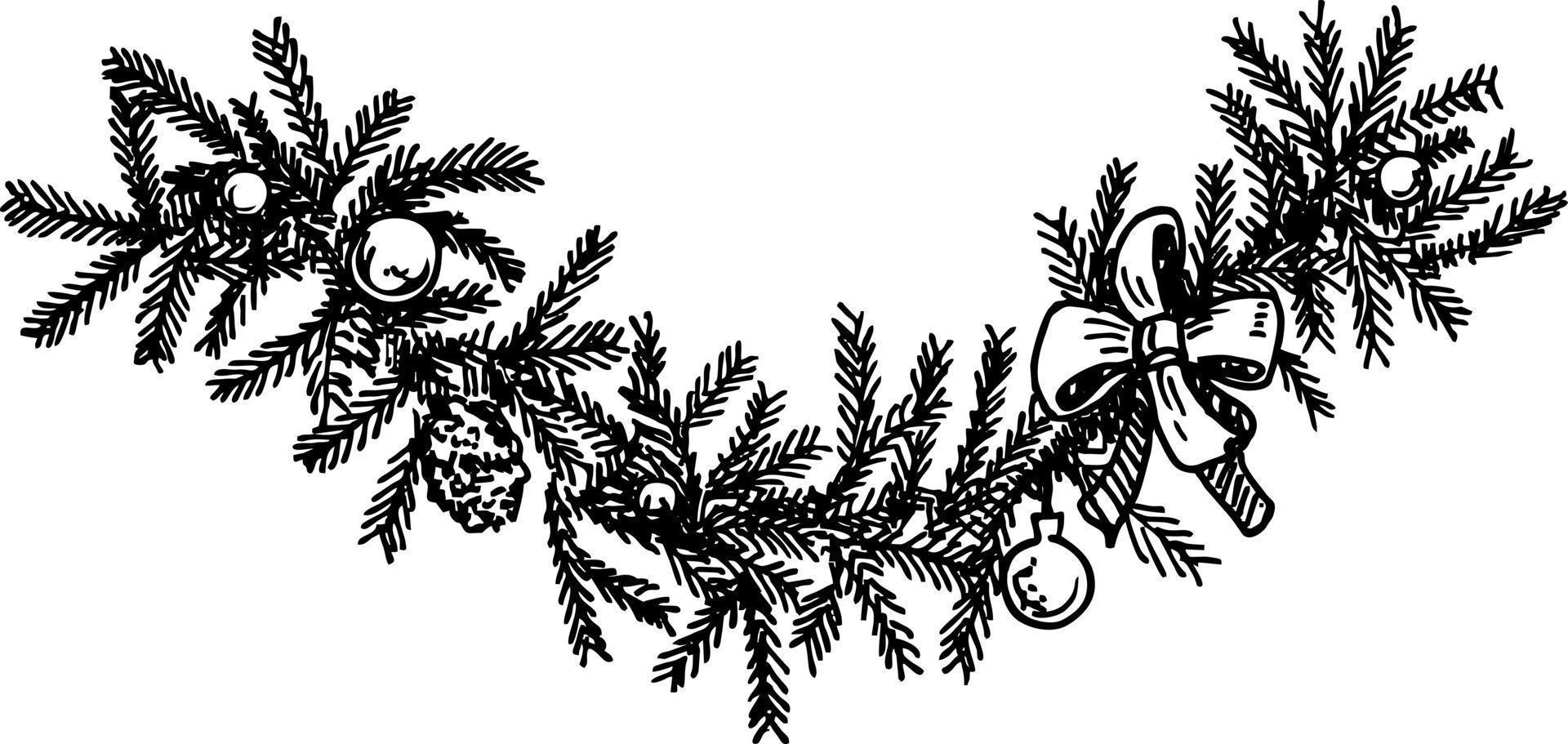 Christmas garland. Vector hand made illustration with pine braid, fir trees. Engraved traditional Christmas botanical decorations. Greeting cards, holiday banner