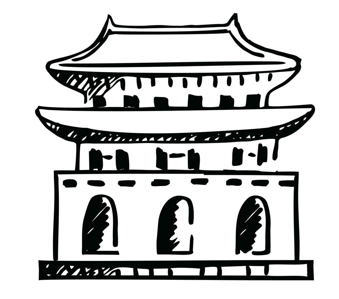 Asian architecture building topped with a curved roof. Sketch Buddhist Pagoda. vector