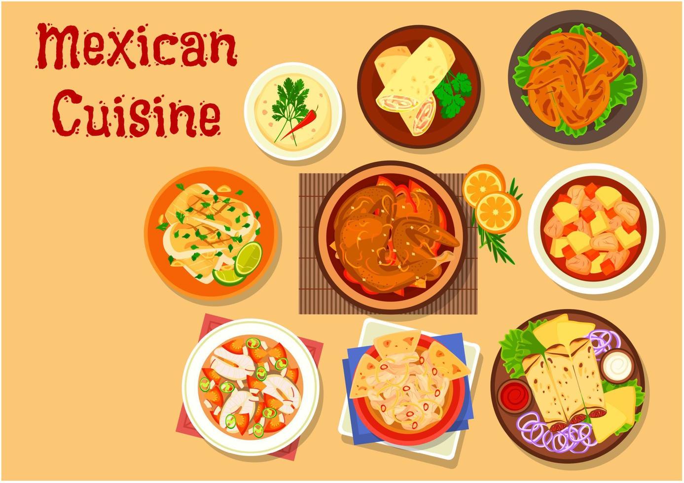 Mexican cuisine meat and fish dishes icon vector