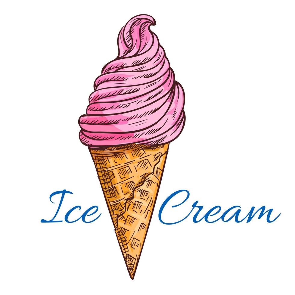 Strawberry ice cream in waffle cone sketch vector
