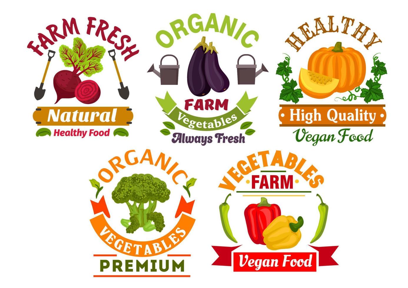 Fresh farm organic vegetables badges set vector