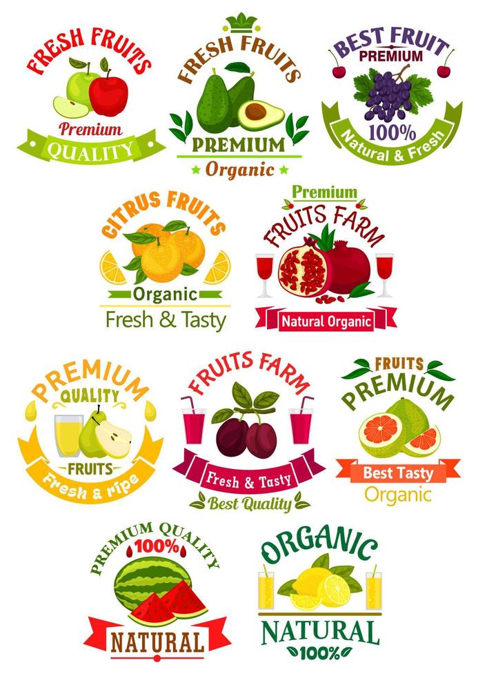 Fresh fruit juice icons, signs, badges set vector