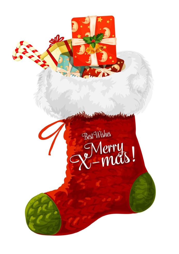 Christmas sock with gift greeting card design vector