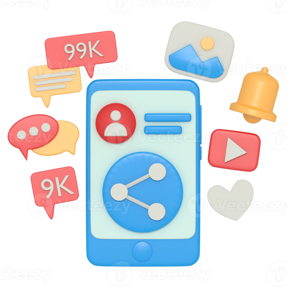 ilustração 3D de compartilhamento nas mídias sociais com telefone png