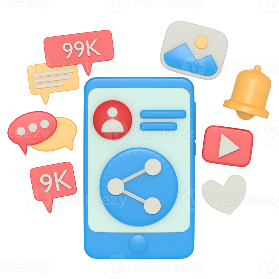 3D-Darstellung der Freigabe in sozialen Medien mit dem Telefon png