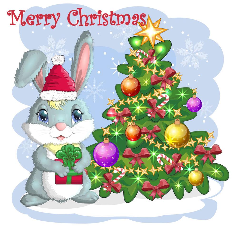 Cute cartoon bunny in Santa's hat near the decorated Christmas tree. Winter 2023, Christmas and New Year vector