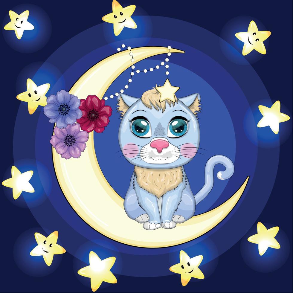 Cartoon cat on the moon with flowers. Cute child character, symbol of 2023 new chinese year vector