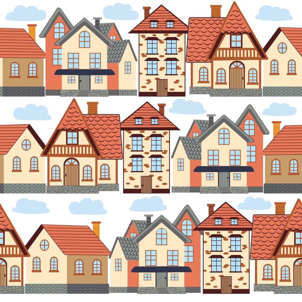 Seamless pattern of funny houses. Densely populated city. vector