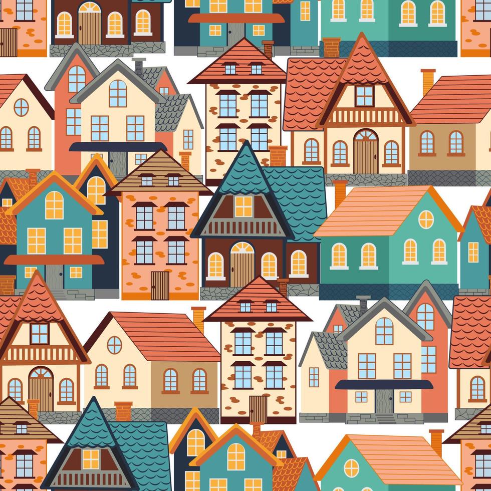 Seamless pattern of funny houses. Densely populated city. vector