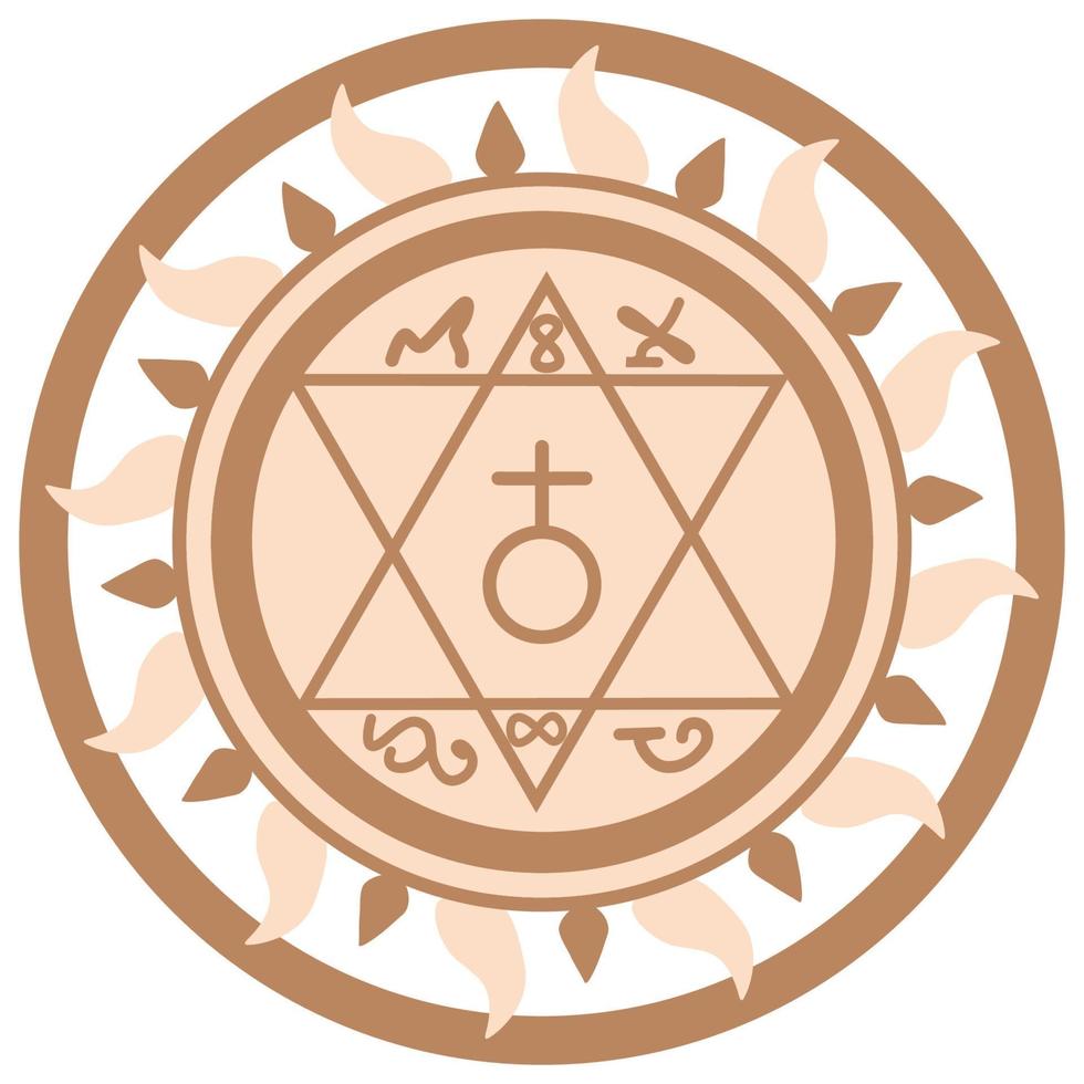Father's pentacle, a Slavic symbol decorated with an ornament in a wreath of Scandinavian weaving. Beige trendy vector