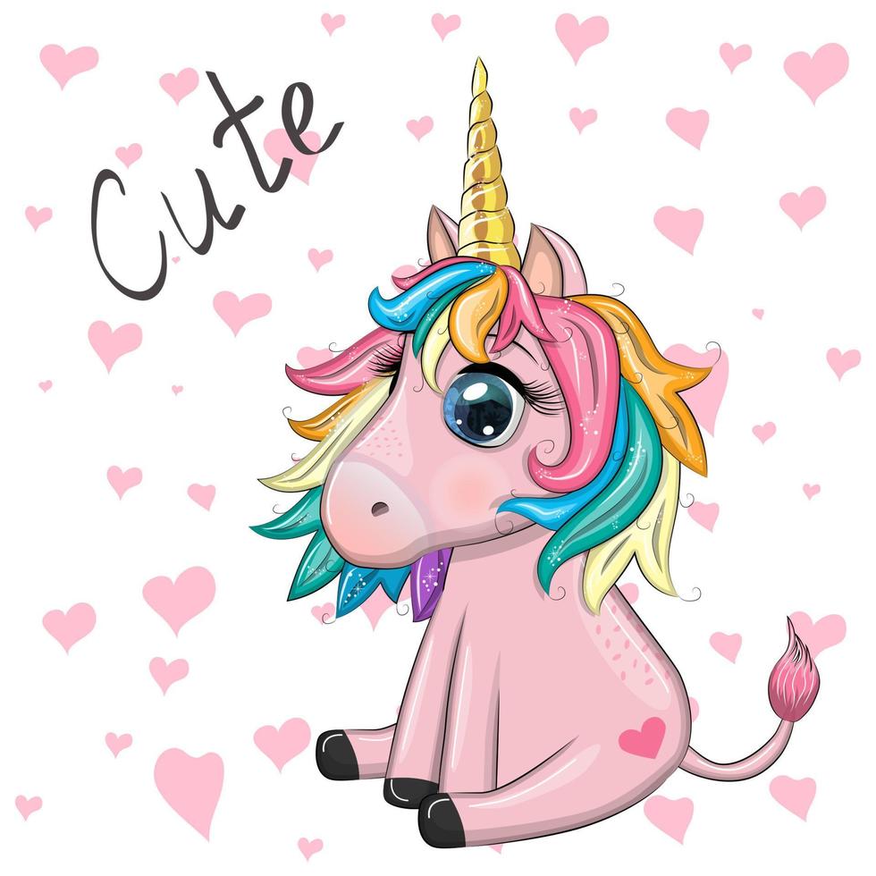 Pink unicorn pony sitting. Cute baby card, baby girl with big eyes vector