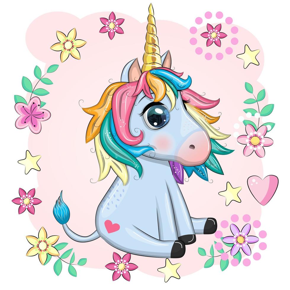 Blue unicorn pony sitting. Cute baby card, baby with big eyes vector