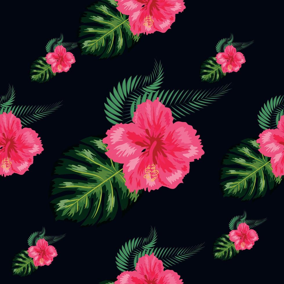 Seamless pattern with tropical leaves, hibiscus flowers vector