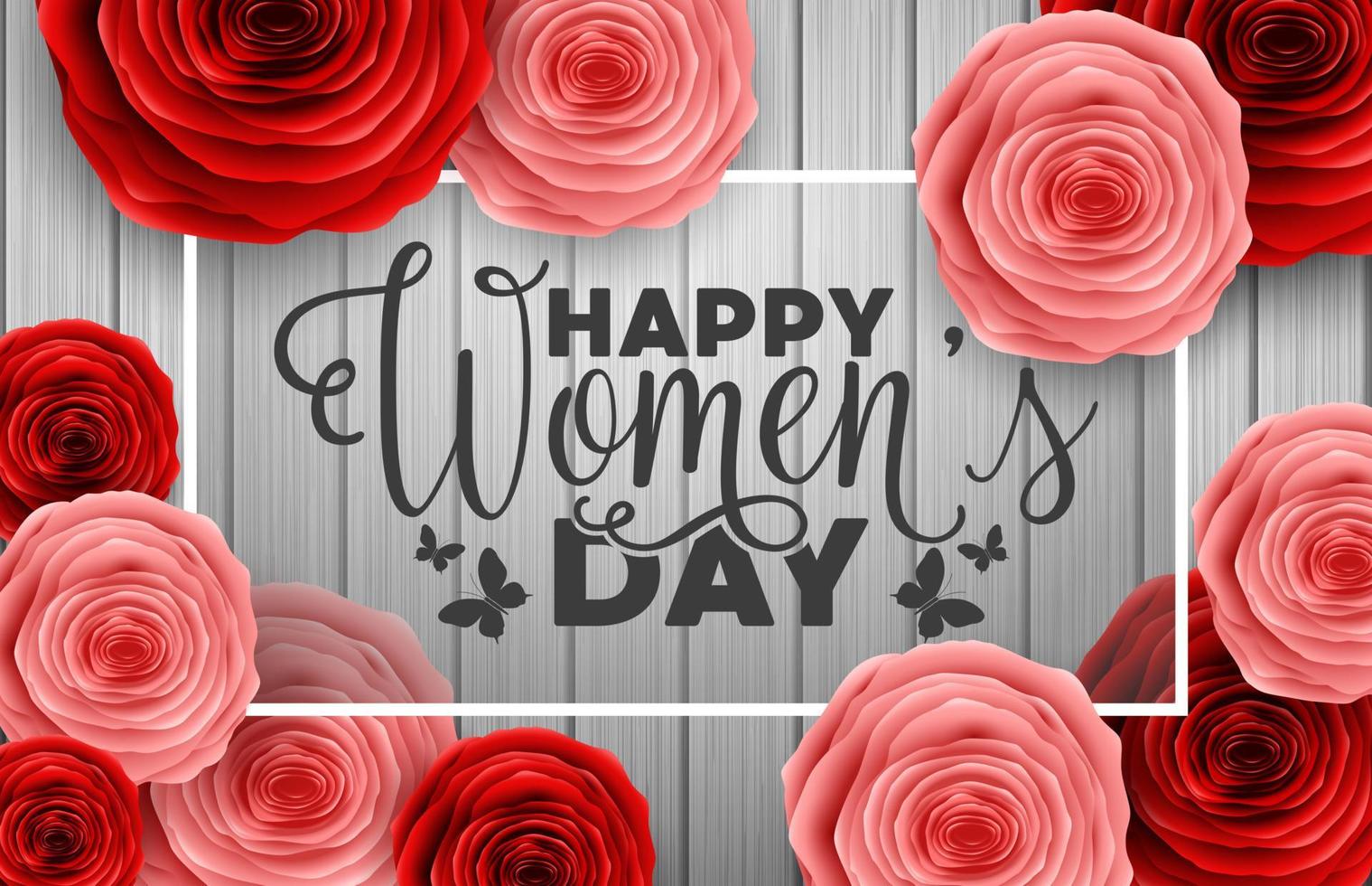 día internacional de la mujer feliz con mariposas de corte de papel, flores de rosas y letrero redondo negro sobre fondo de madera vector