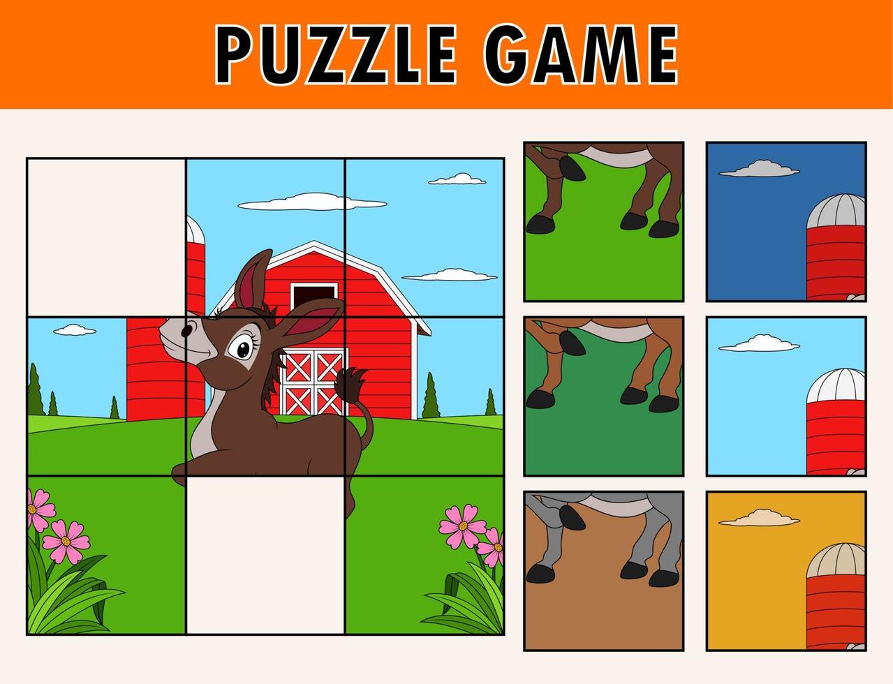 Cartoon illustration of educational jigsaw puzzle for children with cute donkey farm animal vector