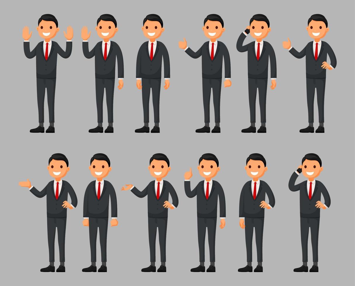 Set of businessman cartoon in a black suit with different poses. Vector illustration in a flat style